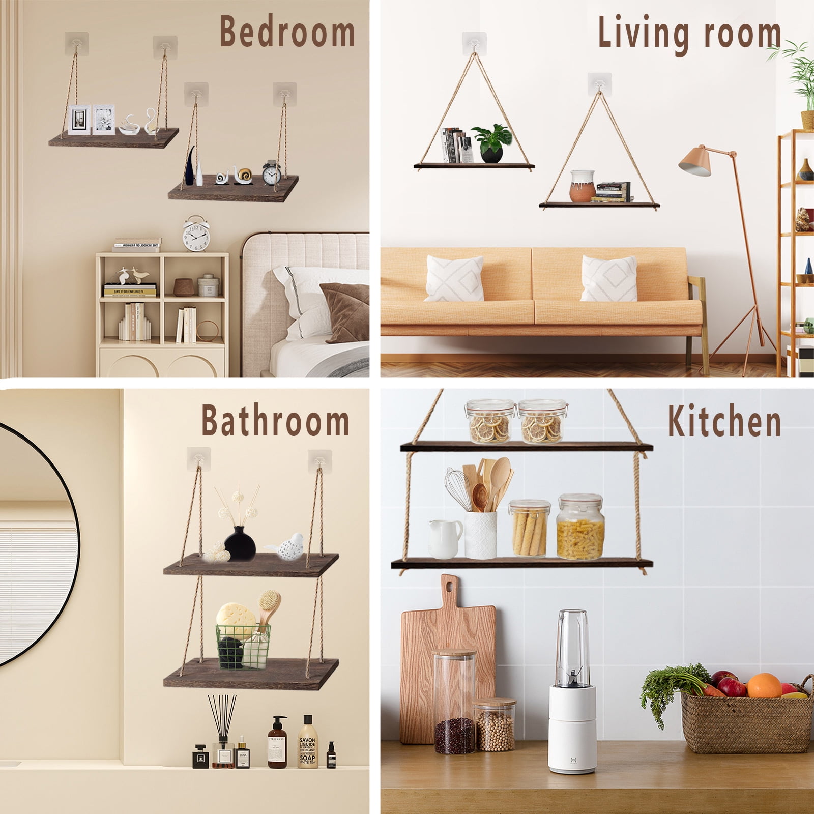 Set of 2 Wood Hanging Shelves for Wall, Wall Hanging Shelf, Window Plant shelves, Wood Floating Shelves Window Hanging Plant Triangle Rope Shelf Rustic for Living Room Bedroom Bathroom Kitchen