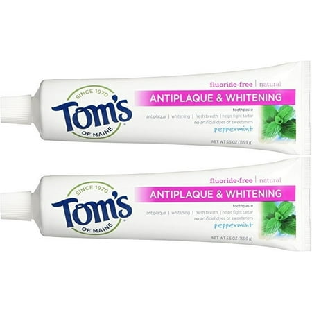 Tom's of Maine Antiplaque and Whitening Fluoride-Free Toothpaste, Peppermint, 5.5 Ounce, Pack of