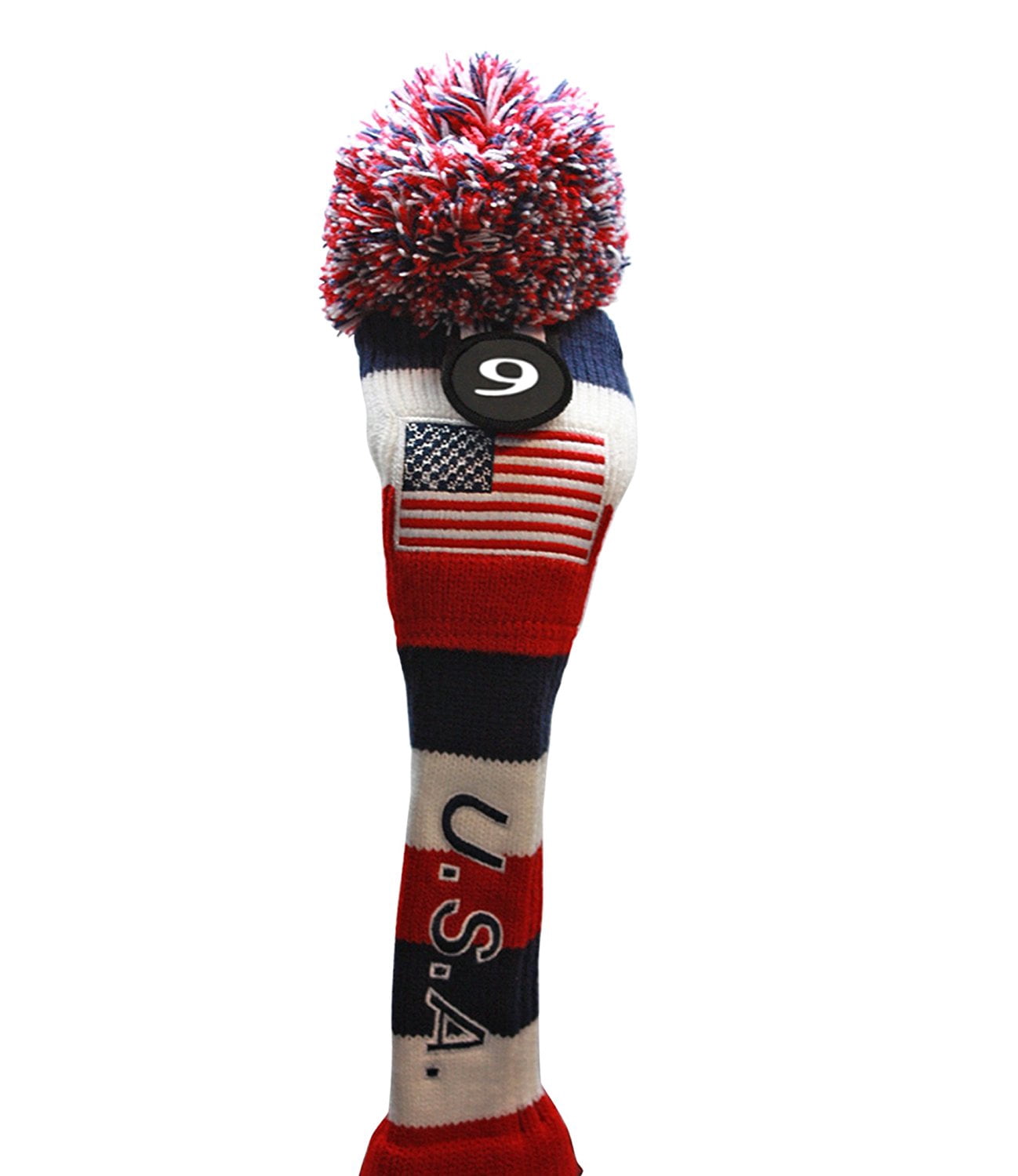 USA Majek Golf 3 4 5 6 7 8 9 Hybrid Set Headcovers Pom Pom Knit Limited Edition Vintage Classic Traditional Flag Stars Red White Blue Stripes Retro Head Cover 3-9 Set