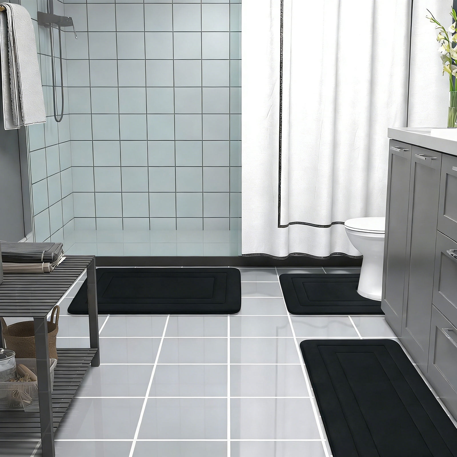 Tripumer 3 Pcs Large Memory Foam Bath Mat Set Bathroom Rugs Set U Shape Mats for Bath Floor Black