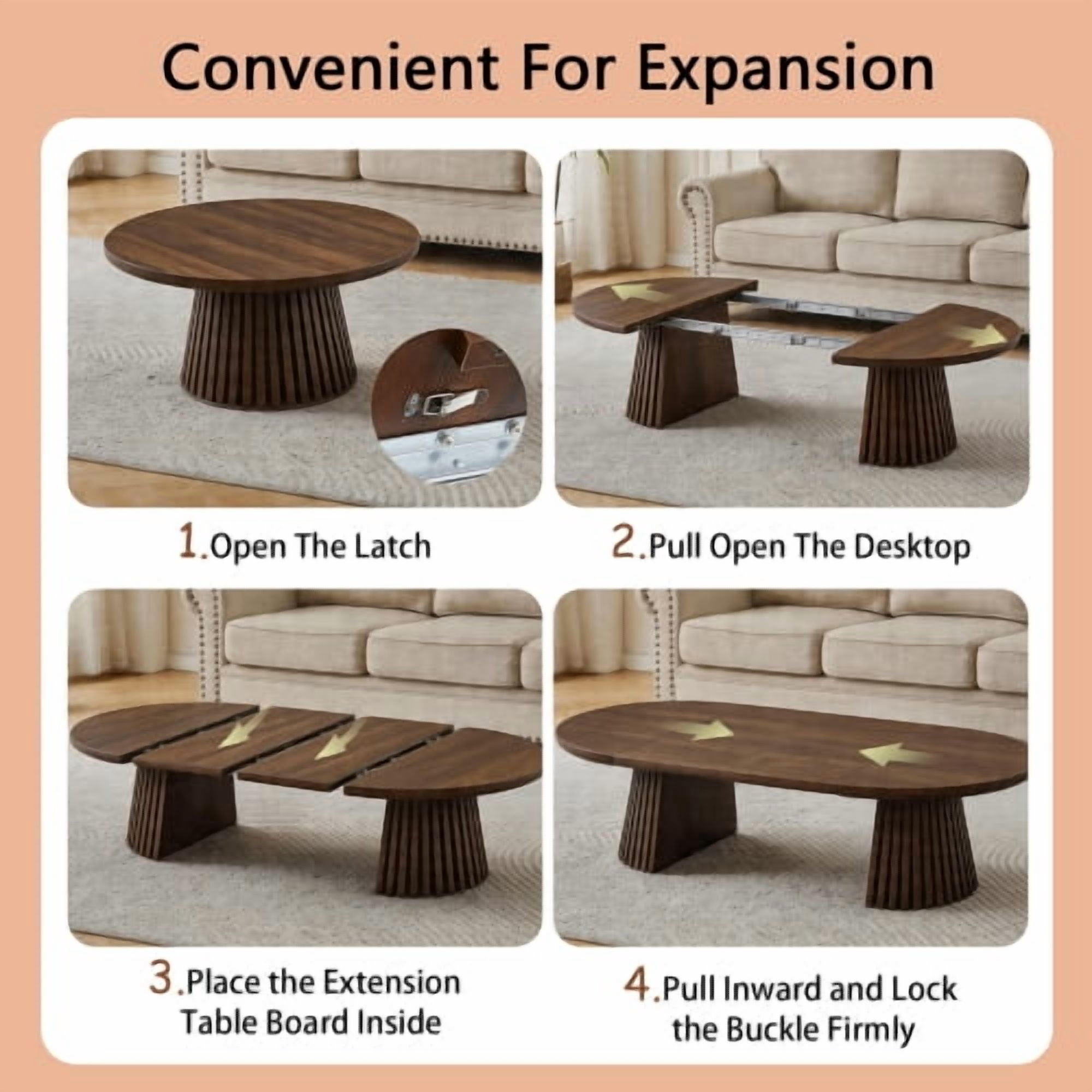 Modern Oval Extendable Wood Coffee Table, Slatted Legs, Multi-Functional Center Table for Living Room or Office, 31.5"–55.12" L, Walnut