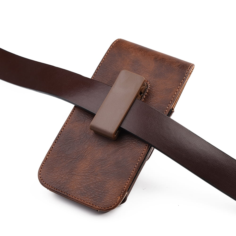 6.5-inch Vertical Brown PU Leather Universal Cell Phone Holster Pouch with Belt Clip and Card Slots