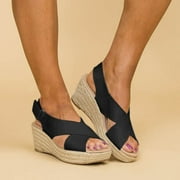 Sunvit Women's Platform Sandals Mid Heels Casual Open Toe Wedges Espadrille Summer Slide Sandals #417 Black