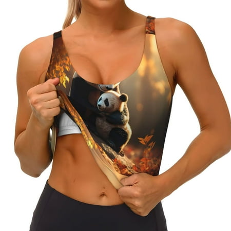 Qokaie Maple Forest Panda Pattern Womens Scoop Neck Sports Bra Breathable Workout Vest Padded U Back Medium Impact Fitness Gym Yoga Bra Workout Crop Top