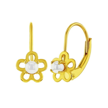 - 925 Sterling Silver Gold Flashed Simulated Pearl Flower Leverback Earrings Girls