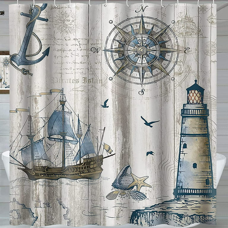 Nautical Shower Curtain, Sailboat Lighthouse Compass Anchor
