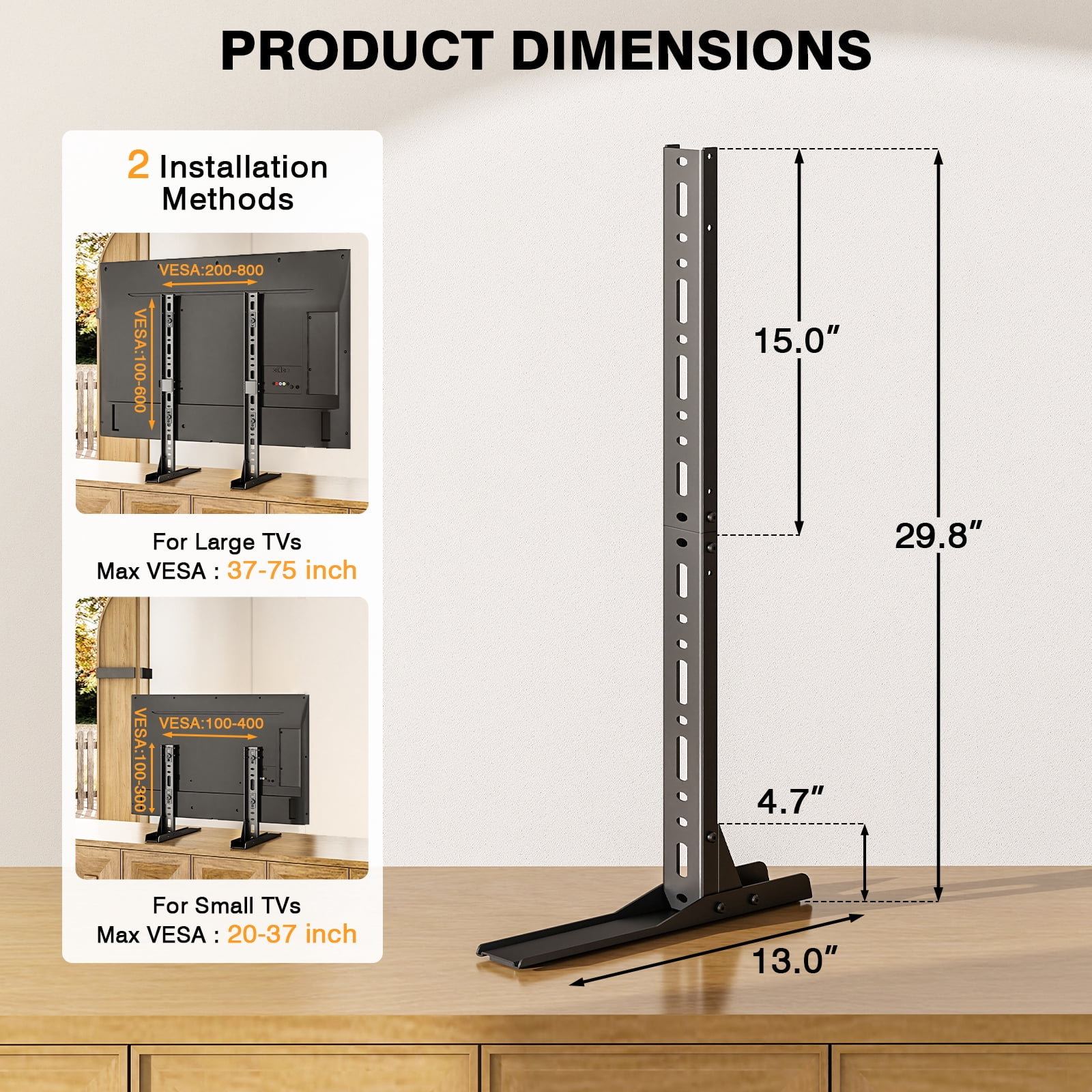 RTVR Universal  Table Top TV Stand  Base Height Adjustable  for Most 20 to 75 inch LCD LED TVs up to 110lbs