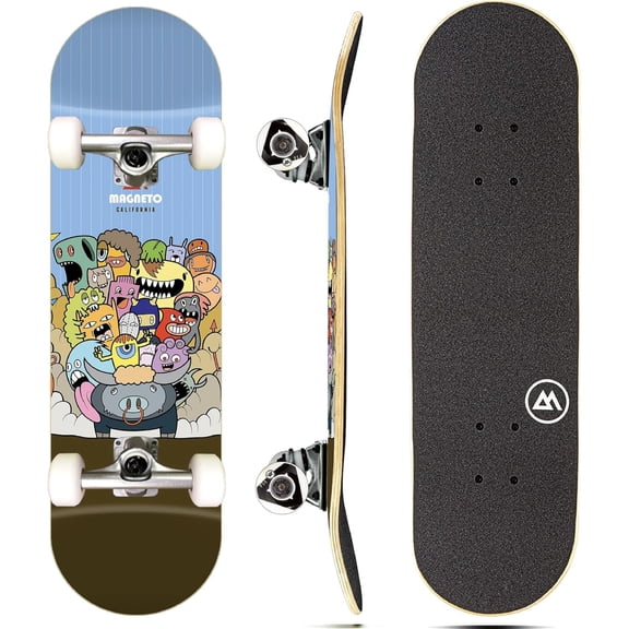 Magneto Complete Skateboard - Maple Wood 10-Ply Concave Deck - Kids Skateboard with Smooth 52mm Wheels & ABEC-5 Bearings - Double Kicktail Cruiser Board - 27.5x7.75 in, Monster Pile