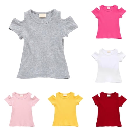 CUZIBR Soft Summer Off The Shoulder Top For Baby Toddler Casual Basic Tee Shirt Ribbed Knit Short Sleeve T Shirt Crew Neck Slim Stretch Casual Soft Trendy Blouse Grey 3-4 Years