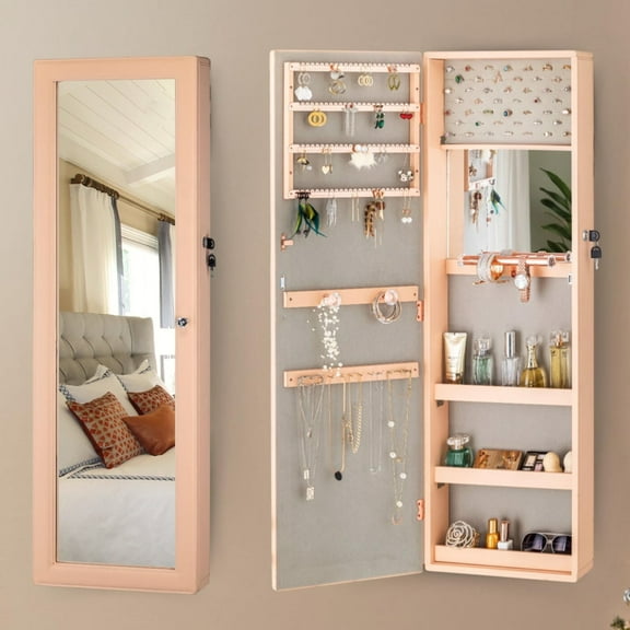 Full-Length Mirror with Jewelry Storage, Wall Door Mounted Large Jewelry Organizer Locking Makeup Jewelry Armoire