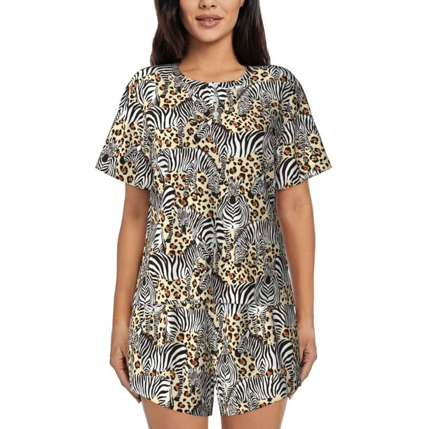 Balery Zebra Conjunto de Pijama para Mujer con Estampado, Dos Piezas de Manga Corta y Shorts, Ropa de Dormir Suave con Cuello Redondo y Bolsillos-Medium