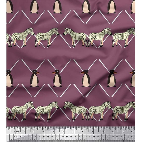 Soimoi Purple Cotton Voile Fabric Penguin & Stripe Animal Printed Fabric 1 Yard 56 Inch Wide