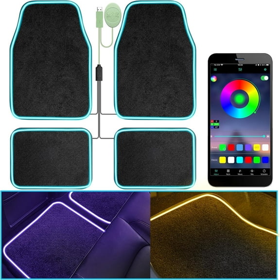 Soft Car Floor Mats With Led Strip Light, App Control Interior Car Lights Floor Mats, Universal Fit Black Automotive Carpet, Anti-Slip Waterproof RGB Car Decor Accessories for SUV,Sedan,Jeeps,Trucks