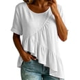 thumbnail image 1 of SZJXBUY Hauts Amples en Lin pour Femmes, Blouse d'Été Chic Décontractée à Manches Courtes, Ourlet Volanté Plissé, Hauts Basiques à Col Rond, T-Shirts Asymétriques Blancs, P, 1 of 7