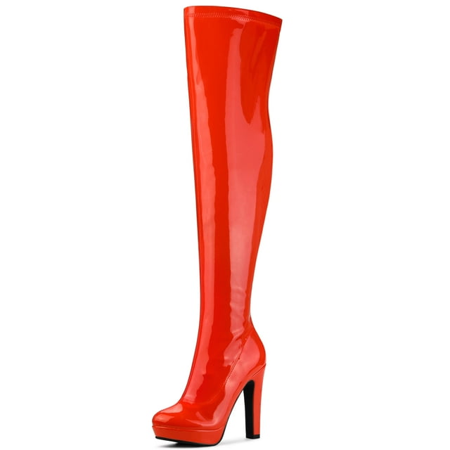 Unique Bargains Women's Patent Leather Platform Chunky Over Knee High Boots
