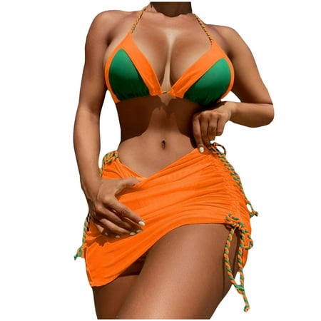 3 Piece Swimsuit for Women Sexy Halter Triangle Bikini Set with Drawstring Beach Coverup Skirt Matching Bathing Suit