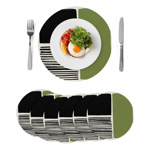Sage Green Black Round 15 Inch Placemats Set of 6, Farmhouse Striped Modern Abstract Art HeatResistant Non Slip Place Mats for Dining Table, Wipeable Braided Kitchen Table Mats for Housewarming