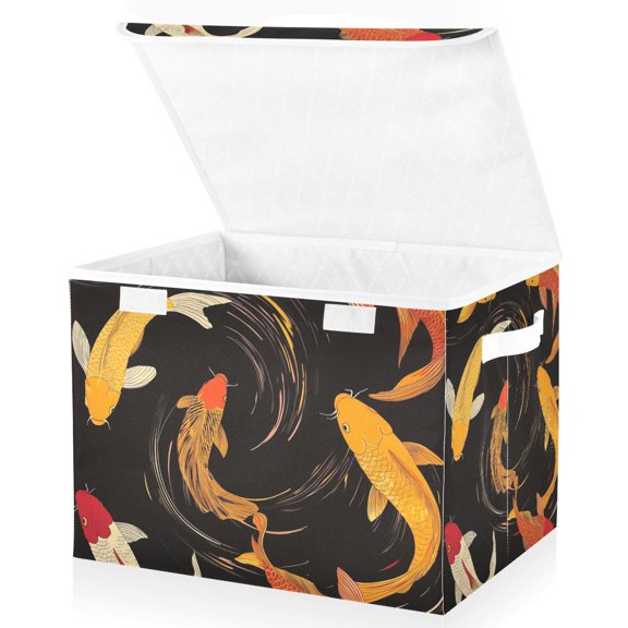 Yayeee Collapsible Storage Bin with Lid Fabric Closet Decorative Basket with Handles, Black Fish Pattern
