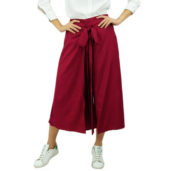 Bimba Women's Solid Rayon Fisherman Style Tie Knot Pants Elastic Waist Culotte Palazzo Maroon - Small