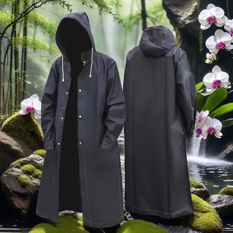 Men Black Waterproof Long Raincoat Rain Coat Hooded Trench Jacket