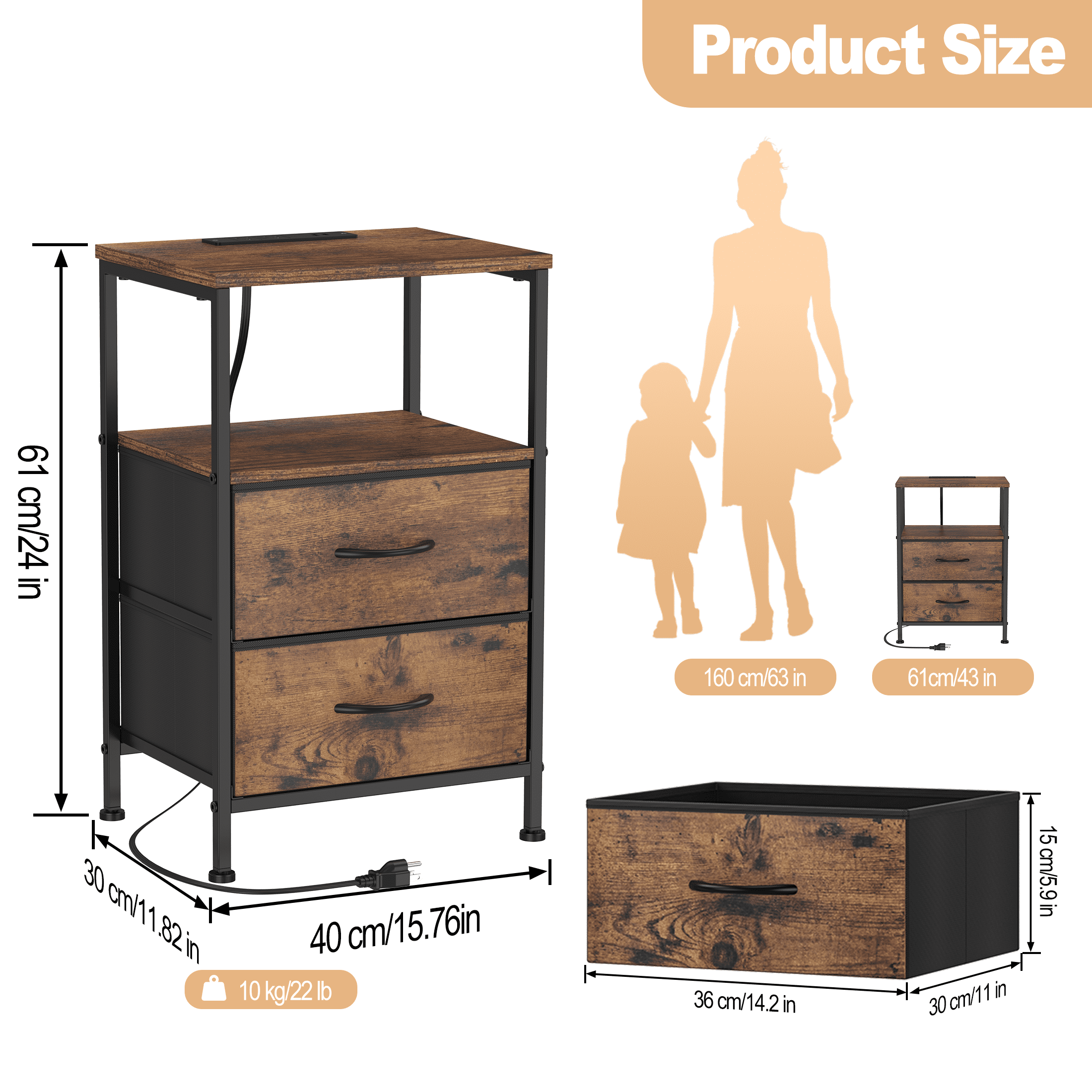 EZKAMFORT Nightstands for Bedroom Set of 2, Nightstands Set of 2, Small Nightstands with Usb Ports and Outlets, Rustic Brown Bedside Table