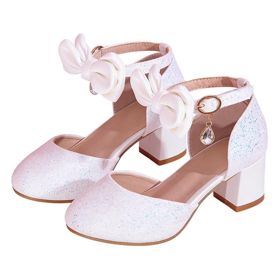 SERTG Girls Glitter Heel Sandals Kids Princess Dress Shoes Bow Dangling Crystal Adjustable Buckle Ankle Strap Round Toe Low Block Heel Wedding Party Performance Casual Wear Shoes(5-5.5 Years)