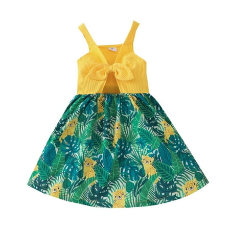 

2023 Summer Savings Girls Dress PEZHADA Baby Girls Clothes Sleeveless Sling Bowknot Midriff-baring Animal Floral Dress Yellow 90