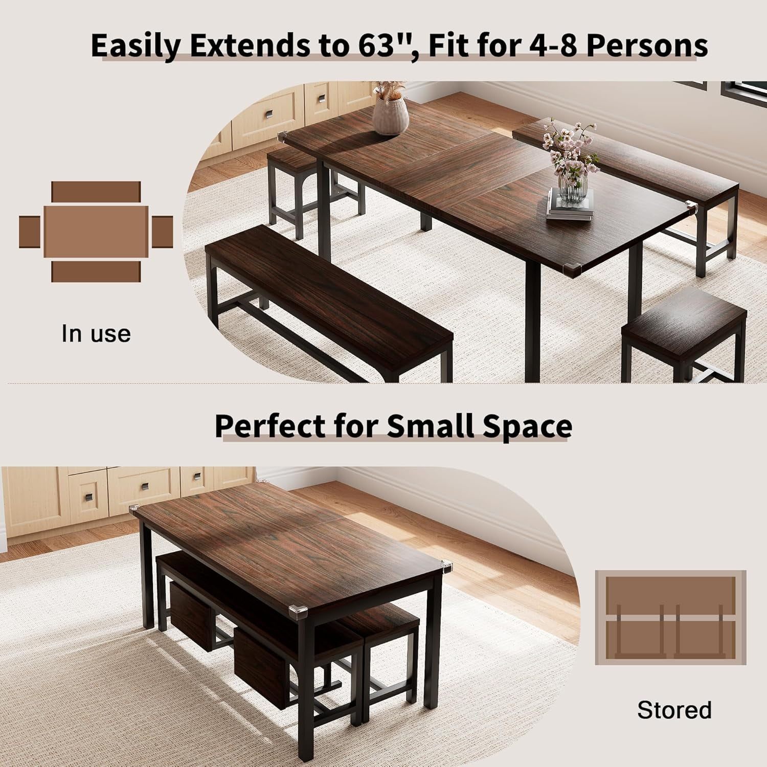 Honfach 5 Piece Dining Table Set for 4-8 People, 63" Large Extendable Kitchen Table Set with 2 Benches and 2 Square Stools, Walnut