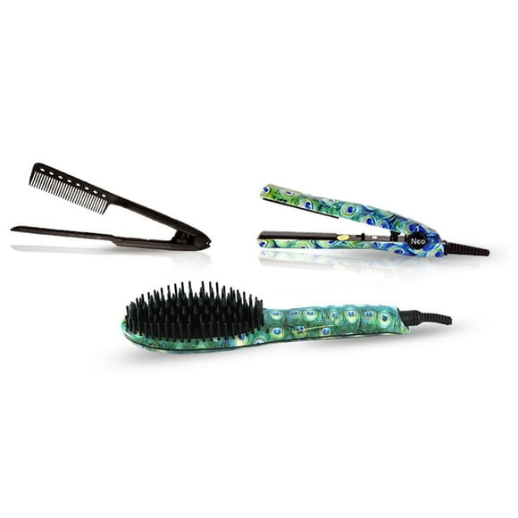 The Neo Choice 3 pcs Complete Styling Set - Ionic Heated Brush Straightener, Ceramic Flat Iron and Easy Hair Comb Full Set (Peacock)