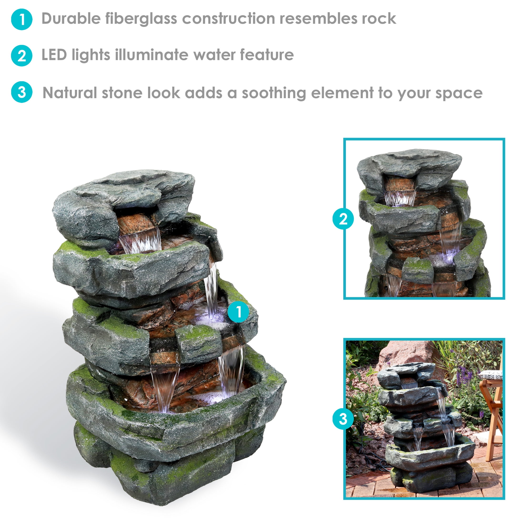 Sunnydaze Stone Waterfall Polyresin Outdoor Water Fountain with Lights