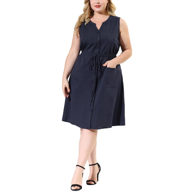 Women's Plus Size V Neck Sleeveless Drawstring with Pocket Casual Midi Shirt Dress Dark Blue 3X