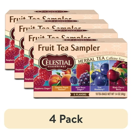 (4 pack) Celestial Seasonings Fruit Tea Sampler, Caffeine-Free Herbal Tea Bags (18 Count)