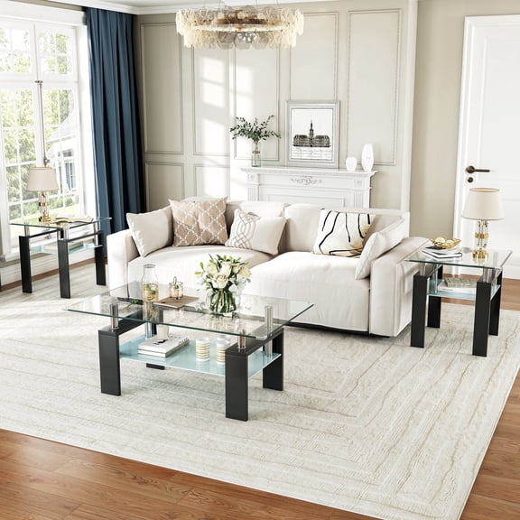 3-Piece Coffee Table Set, 1 Coffee Table & 2 End Tables with 2-Tier Tempered Glass Tabletops for Living Room