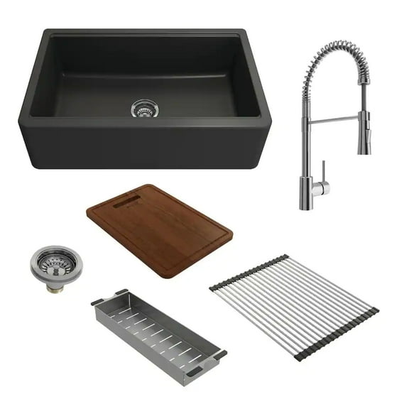 BOCCHI 1600-504-2020CH Apron-Front 33" 1 Bowl Granite Composite Kitchen Sink Kit