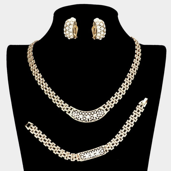 Clip on 3pc gold and clear stone block chain necklace, bracelet, earring set