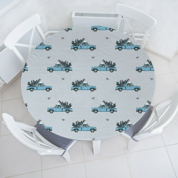 Ambesonne Winter Fitted Round Tablecloth, Vintage Truck Xmas Tree Art, 40"- 44" Diameter, Soft Blue and Dark Green