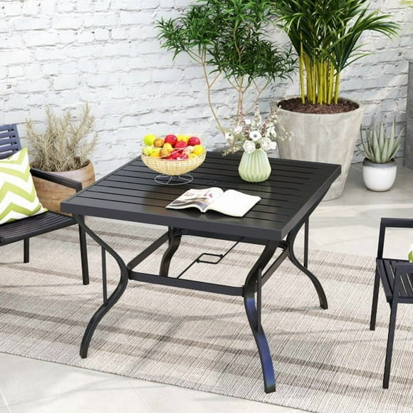 37" Metal Steel Slat Patio Dining Table Square Backyard Bistro Table Outdoor Furniture Garden Table, 1.57” Umbrella Hole, Black