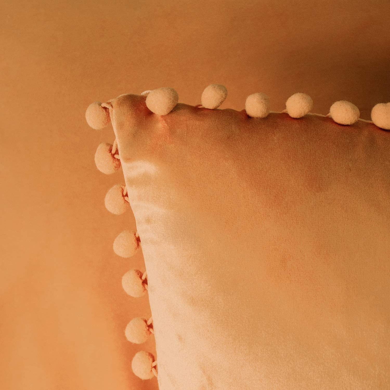 Ashler Decorative Soft Velvet Throw Pillow Cushion Covers with Pom Poms Particles Solid for Couch Bedroom Car, Orange, 18 X 18 ,Packs of 2