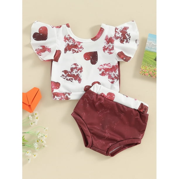 Boiiwant Newborn Girls 2Pcs Valentine s Day Outfit Baby Girl Summer Clothes 3 6 9 12 18 Months Infant Girls Flying Sleeve Heart Print Tops Red PP Shorts Sets Walmart