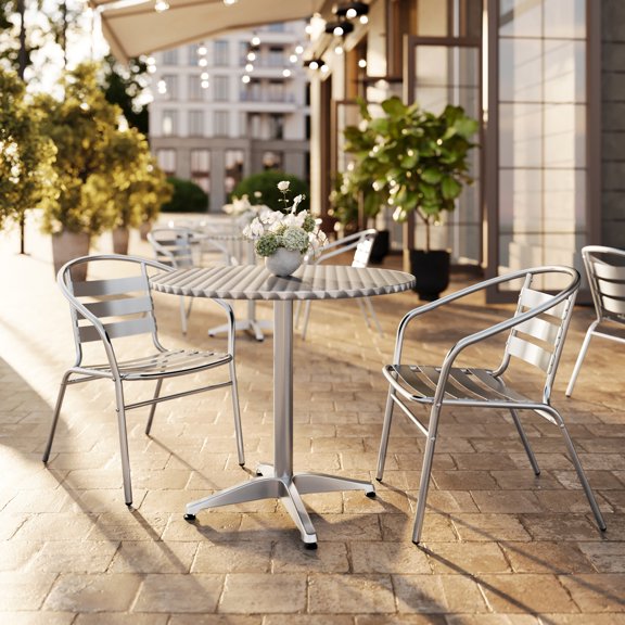 Flash Furniture 31.5'' Round Aluminum Indoor-Outdoor Table Set with 2 Slat Back Chairs
