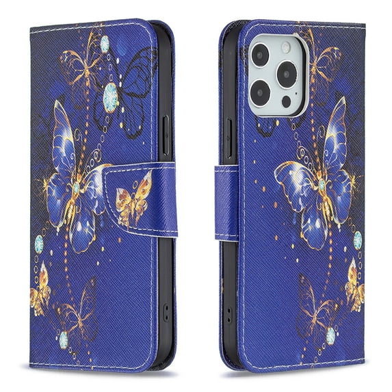 Wallet Case for iPhone 13 Pro Max, PU Leather Flip Folio Magnetic Closure Slim Shell Dual Layer Heavy Duty Protective Bumper Card Holder Book Case for Apple iPhone 13 Pro Max,Blue Butterfly