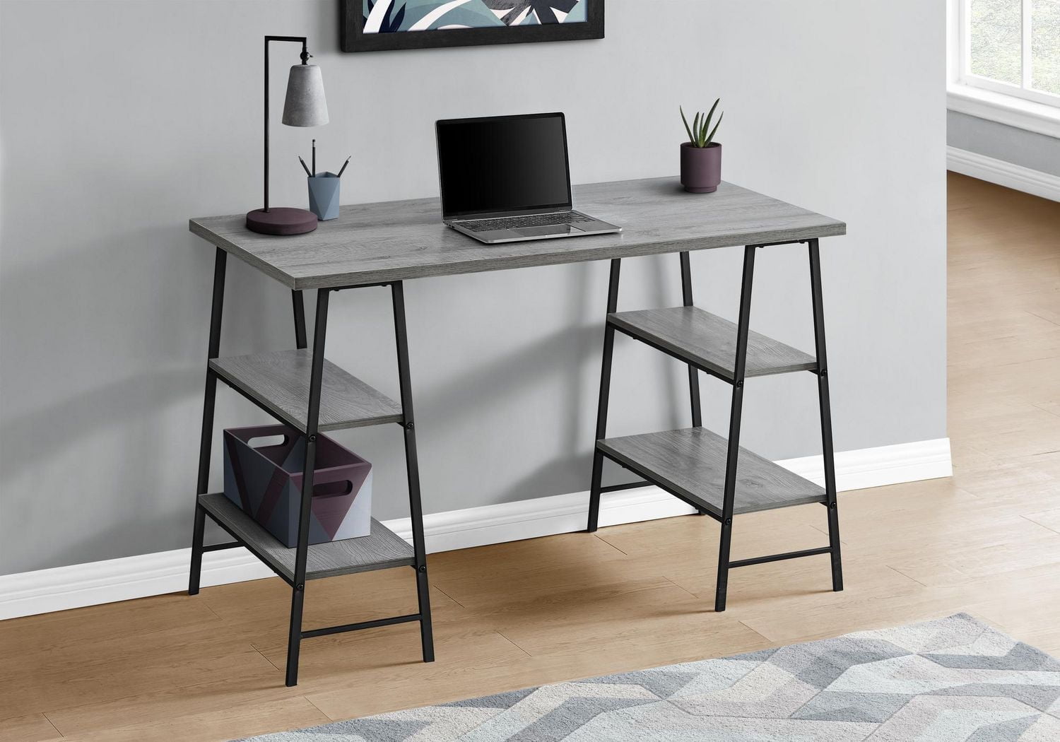 Monarch Specialties Computer Desk, Home Office, Laptop, Storage Shelves, 48"l, Work, Metal, Laminate, Grey, Black, Contemporary, Modern