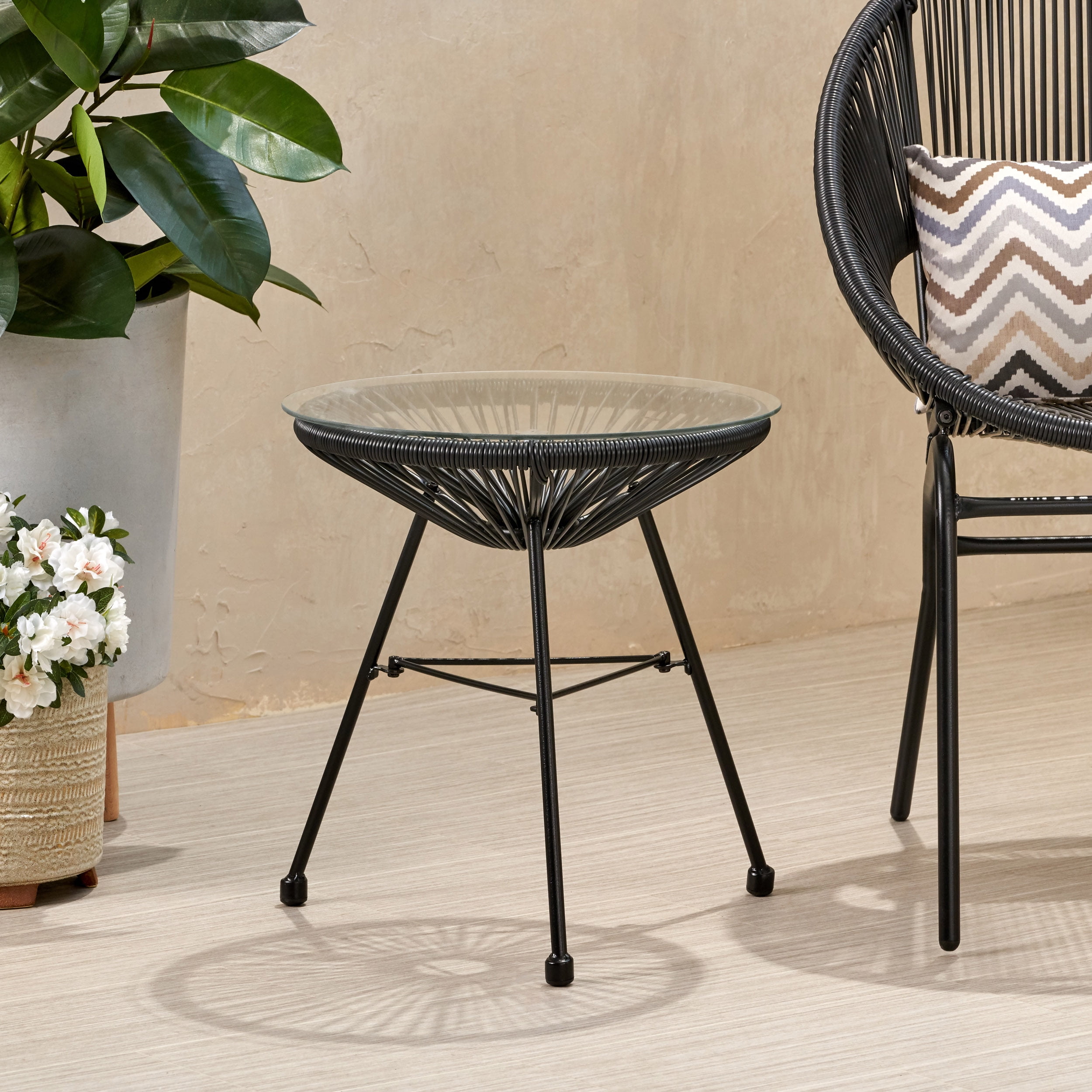 Outdoor Simple Style Accent Side Table, Wicker Weave Leisure Table for Patio Garden, Black
