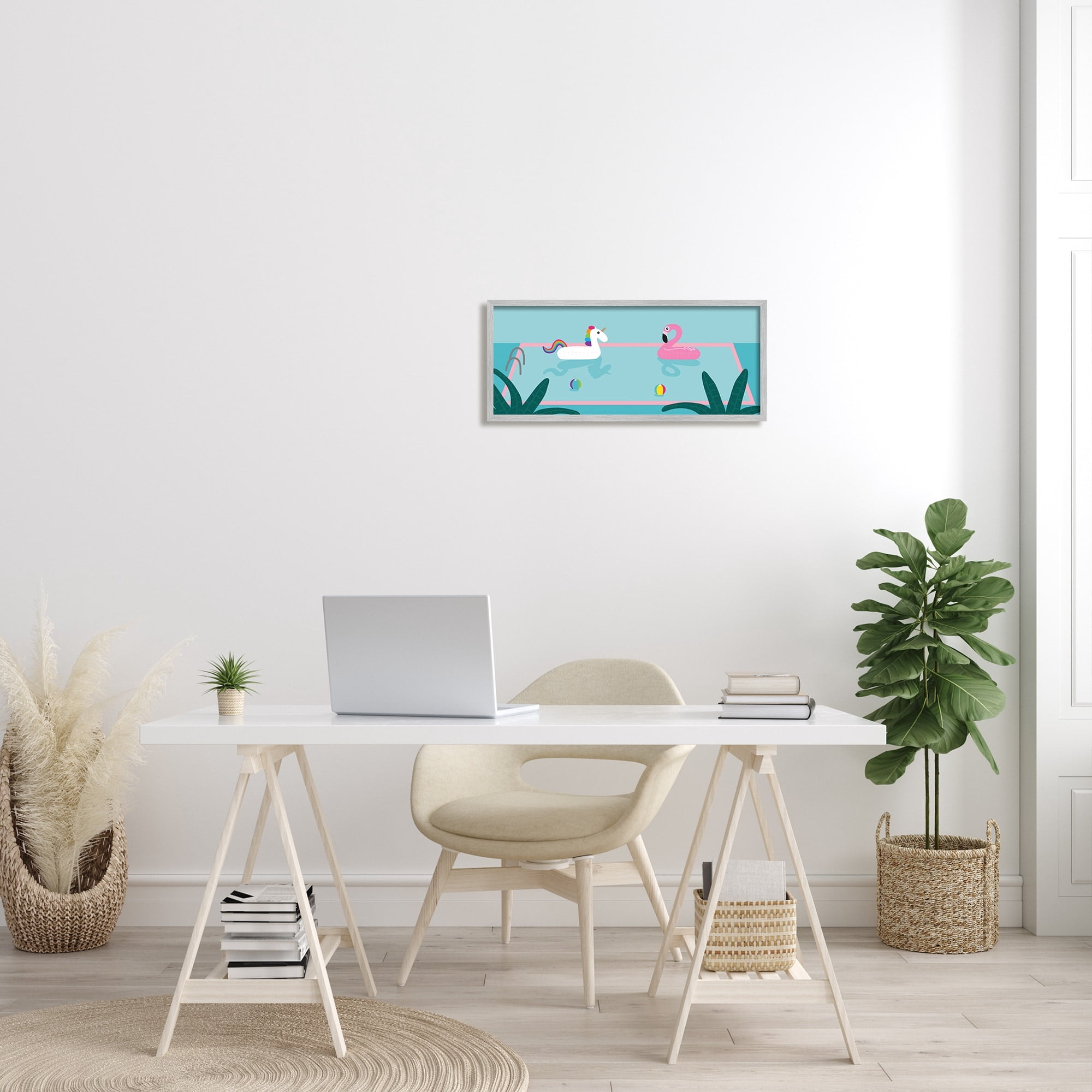 Stupell Industries Unicorn Flamingo Tropical Pool Water Floats Novelty Painting Gray Framed Art Print Wall Art, 10 x 24, Design by Make Much Studios