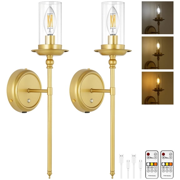 Battery Operated Wall Sconce Set of 2, Gold Wall Lights with 5200mAh Dimmable Bulbs and Remote, Rechargeable Wireless Wall Lamps for Bedroom Living Room Hallway Décor