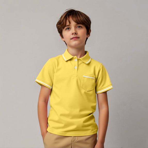 AWZXDE Kids Boys Girls Short Sleeve Shirt Summer Casual Striped Gentleman Polo Teen Holiday Shirts With Pocket Button Down Collar Casual Top Yellow,3-4 Years