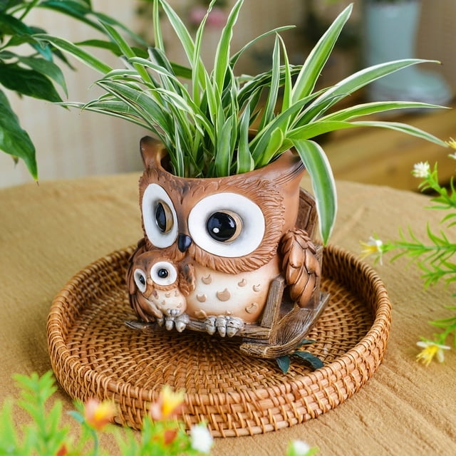 Quoowiit Cute Owl Plant Pots Indoor,Resin Small Succulent Pots with Drainage Hole,Rocking Chair Planters for Outdoor Indoor Plants,Gift Ideas for Mother