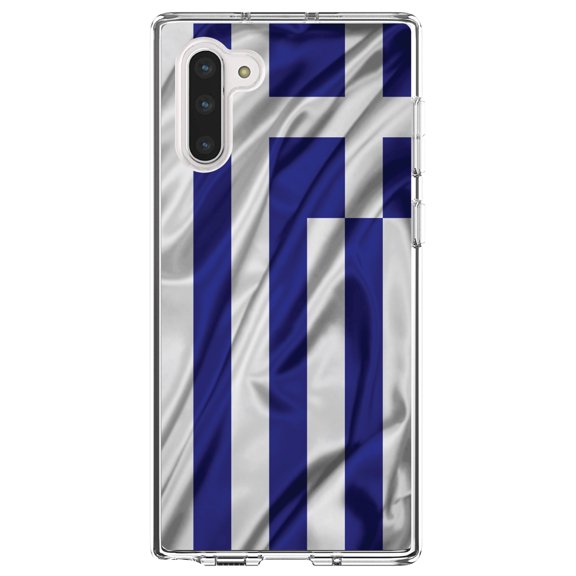 DistinctInk Clear Shockproof Hybrid Case for Samsung Galaxy Note 10 (6.3" Screen) - TPU Bumper, Acrylic Back, Tempered Glass Screen Protector - Greece Waving Flag