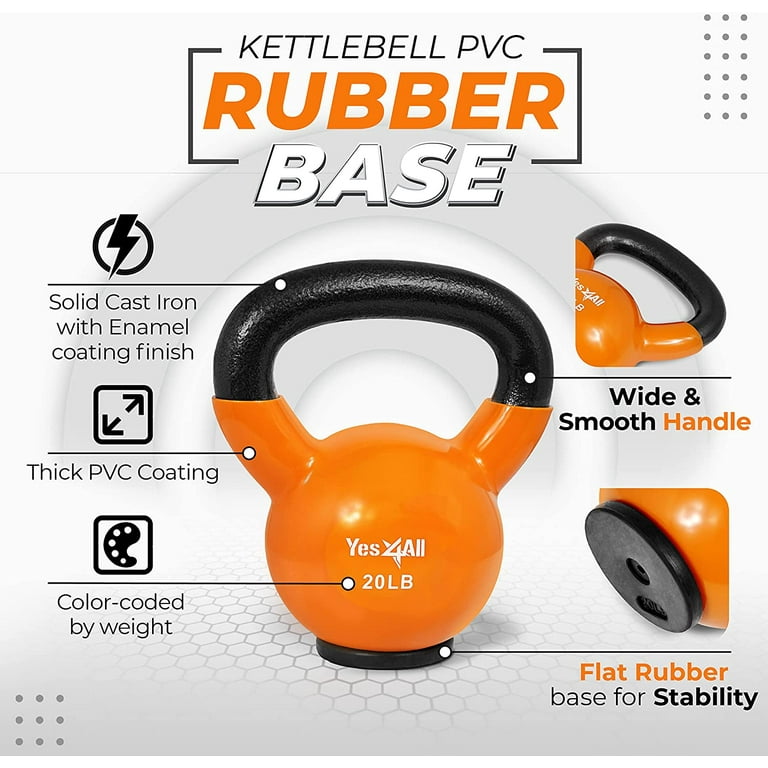 Yes4All 20lb Vinyl Coated PVC Kettlebell with Rubber Base Orange Single