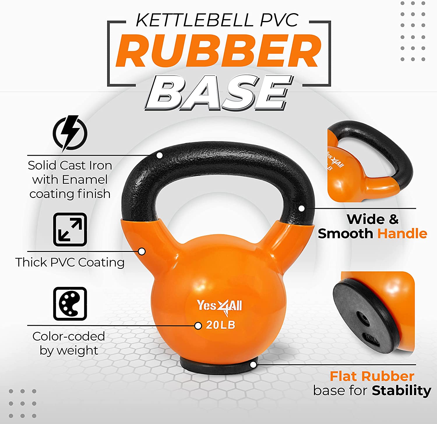 Yes4All 20lb Vinyl Coated / PVC Kettlebell with Rubber Base, Orange, Single - image 3 of 8